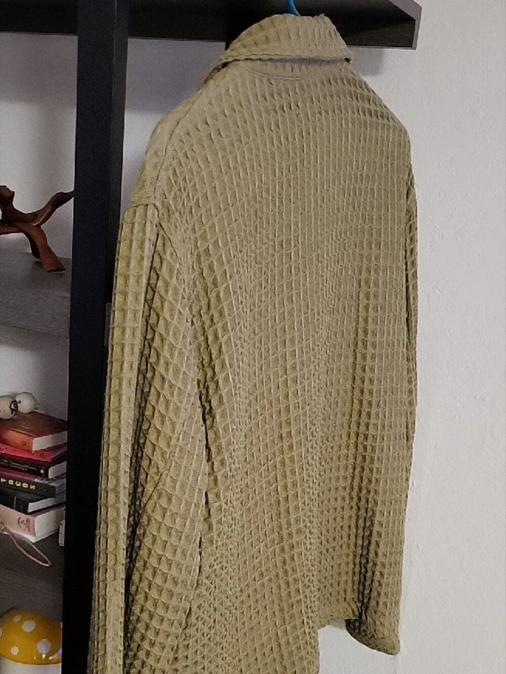 Men's Olive Green Waffle Zip-Up Sweater Jacket Bohemian Retro